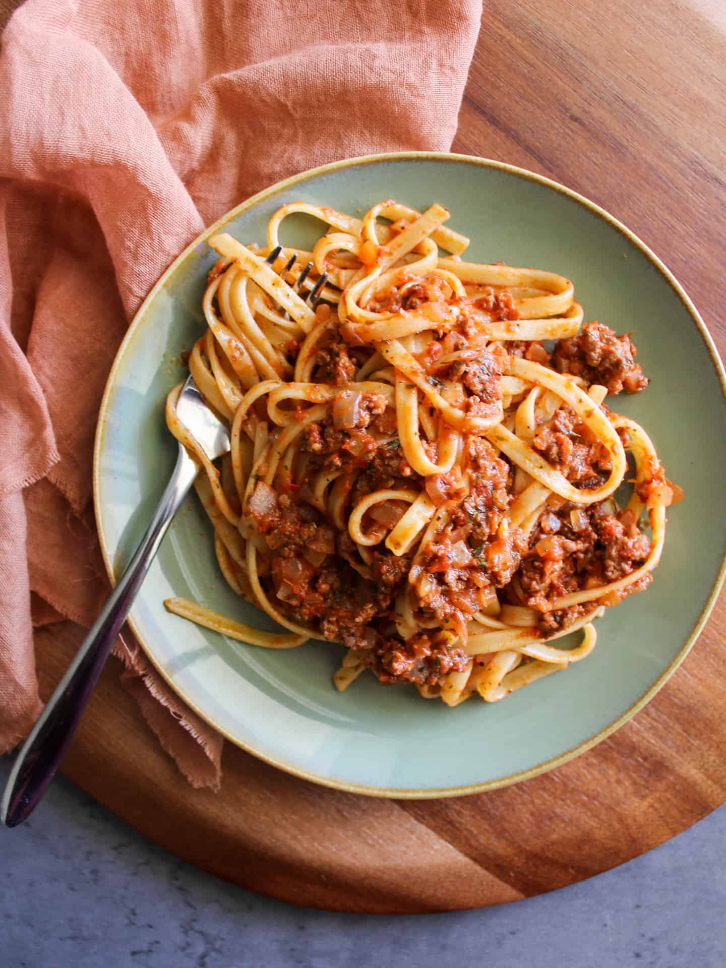 A dish of fettuccine with Italian meat sauce