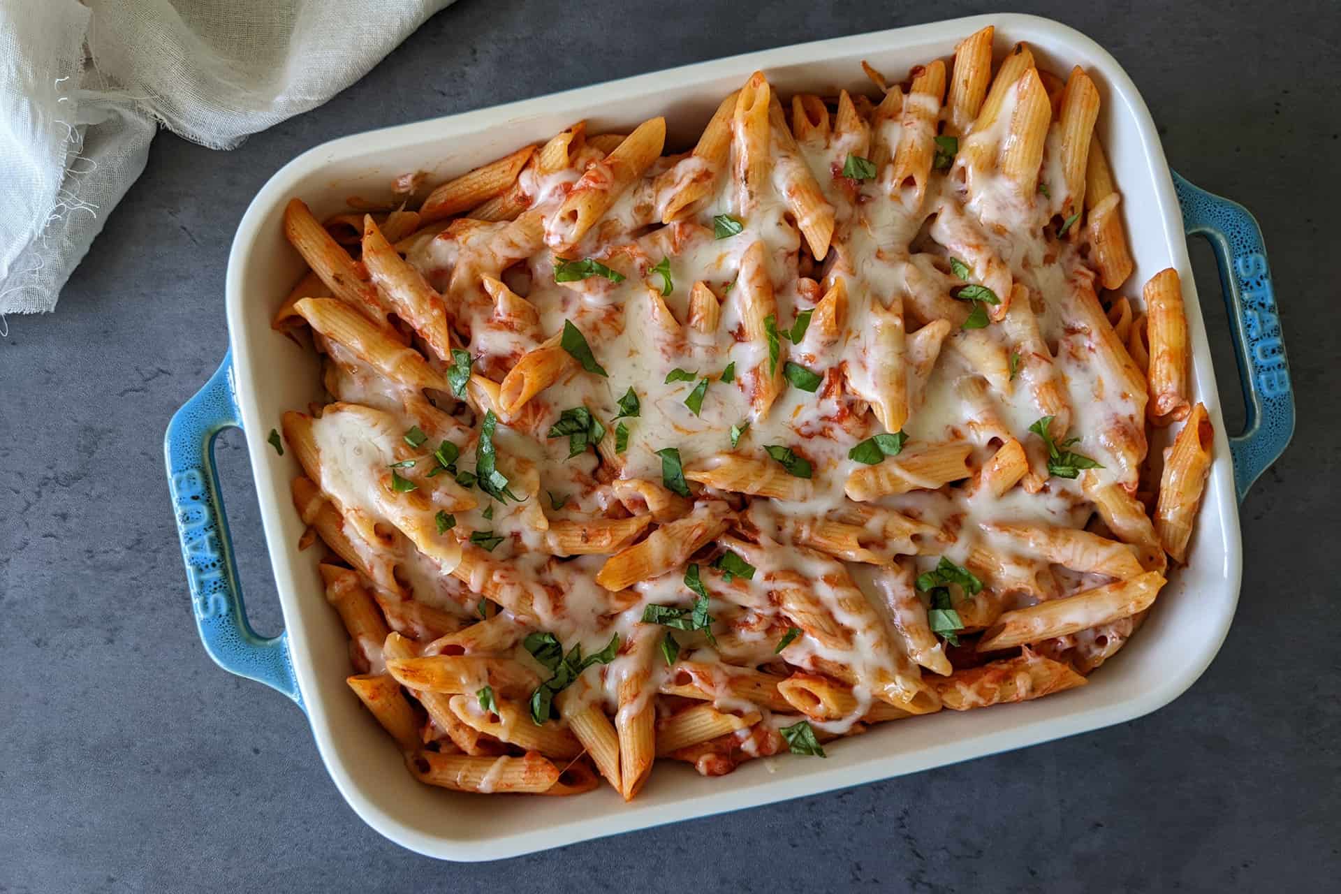 A casserole dish of easy baked penne pasta