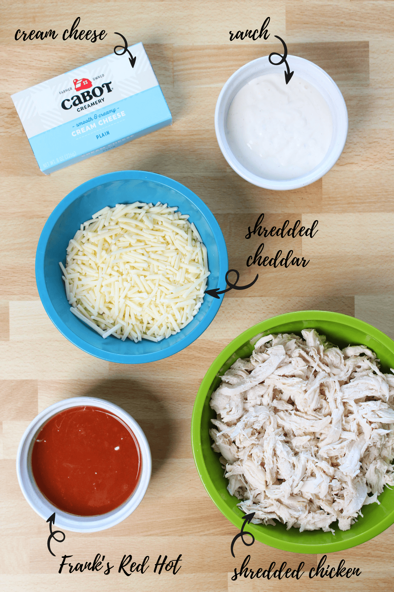 Buffalo chicken dip ingredients: cream cheese, ranch, shredded cheddar, Frank's Red Hot, and shredded chicken.