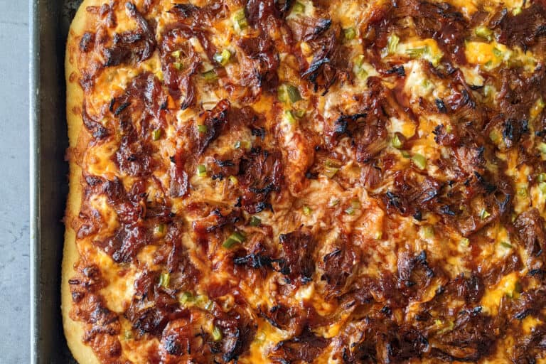 A sheet pan bbq pulled pork pizza