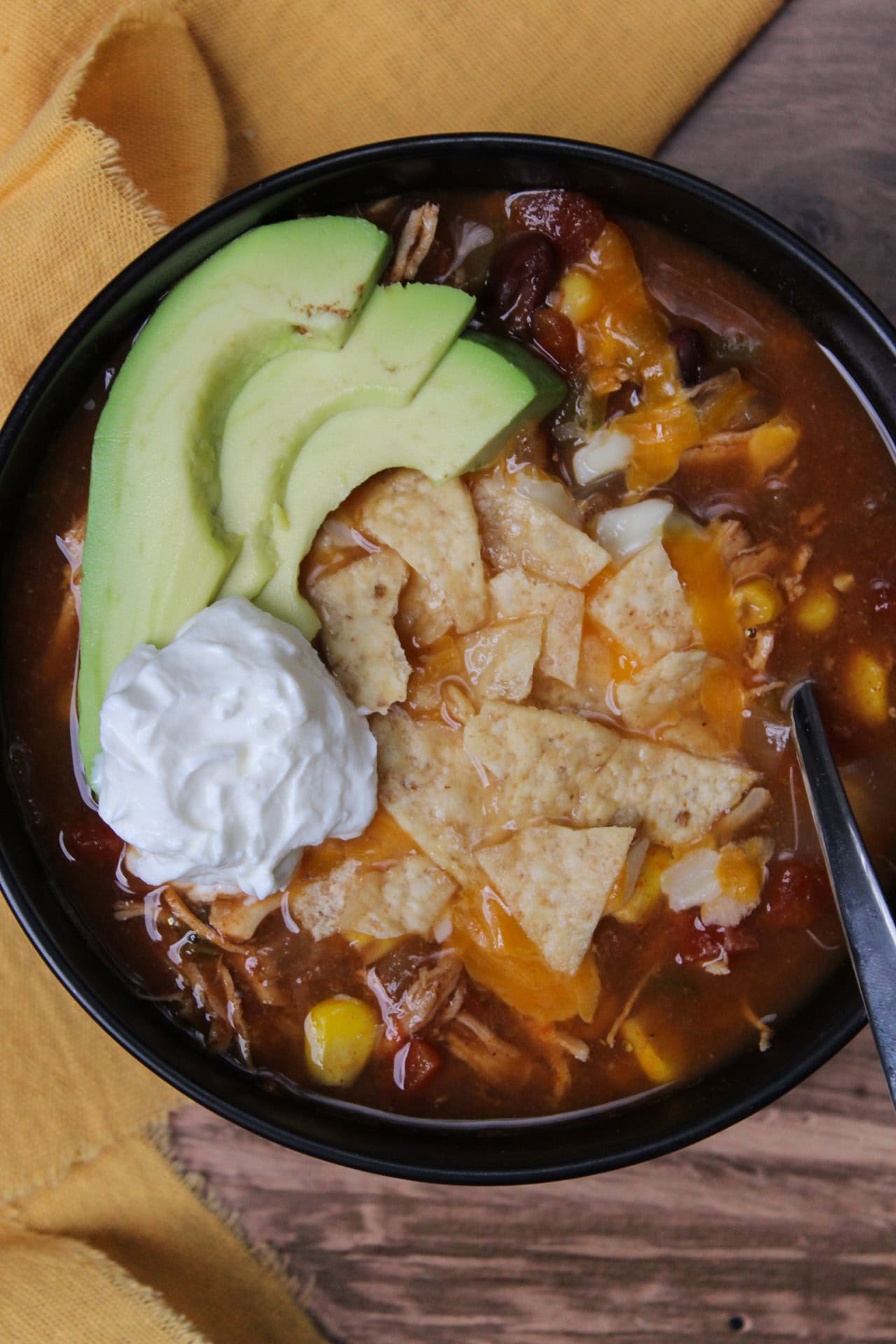 A bowl of chicken tortilla soup.