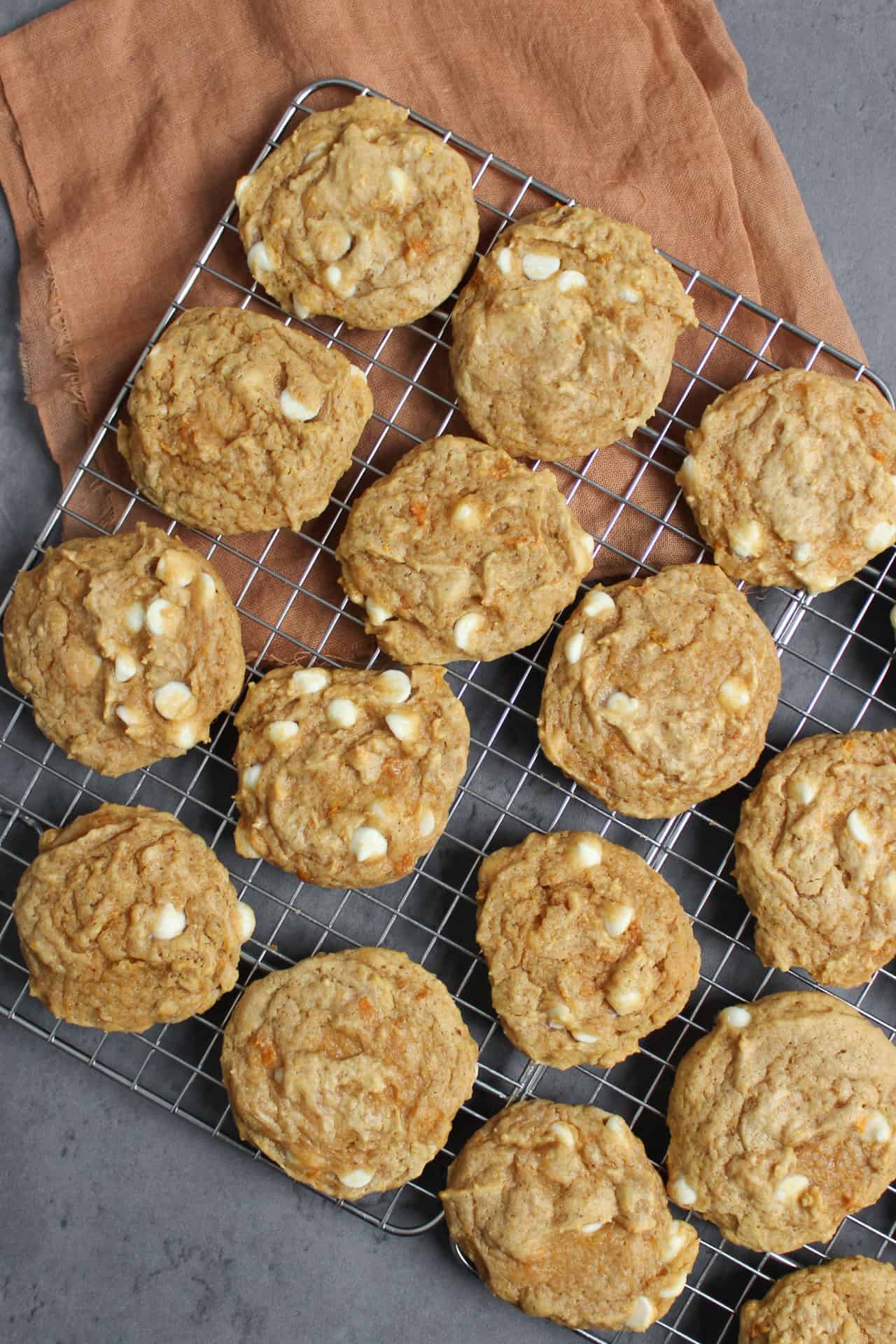 Sweet potato cookies on a cooling rack.