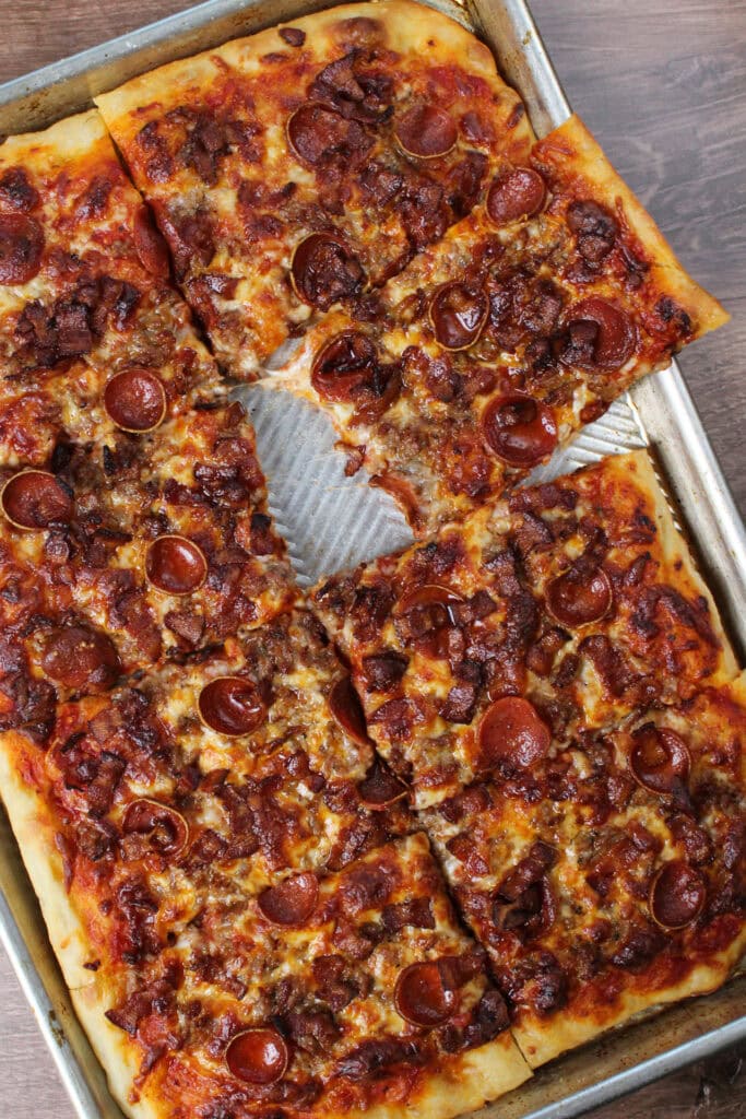 A sheet pan meat lover's pizza.