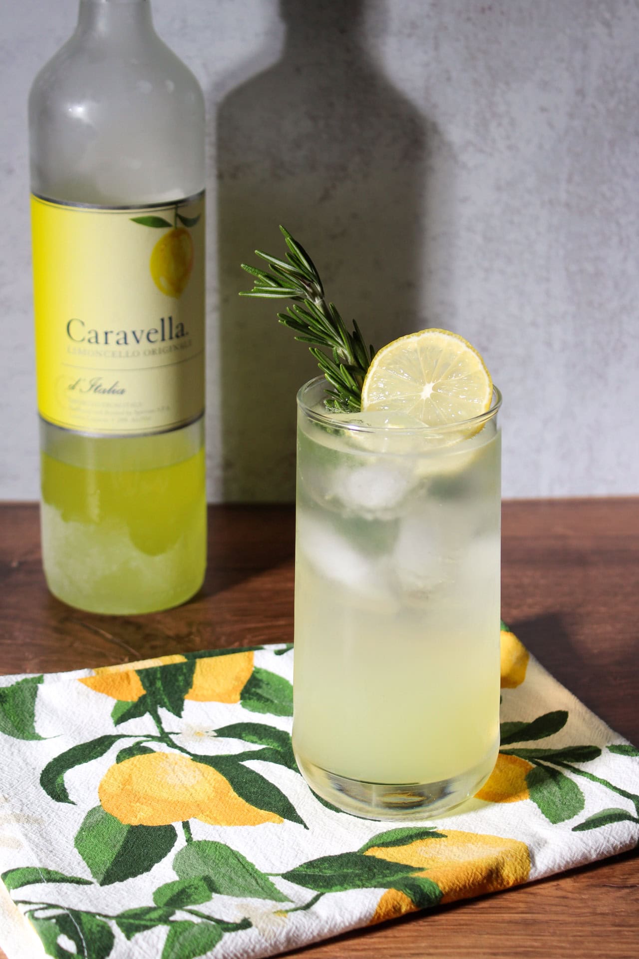 A rosemary vodka lemonade cocktail.