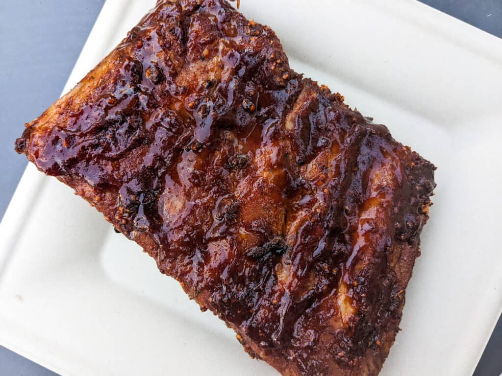 A rack of barbecue grilled pork ribs