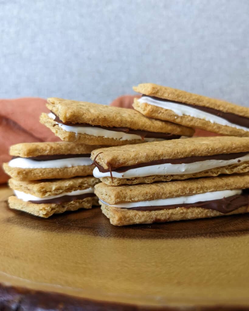 A stack of frozen s'mores bites on a plate