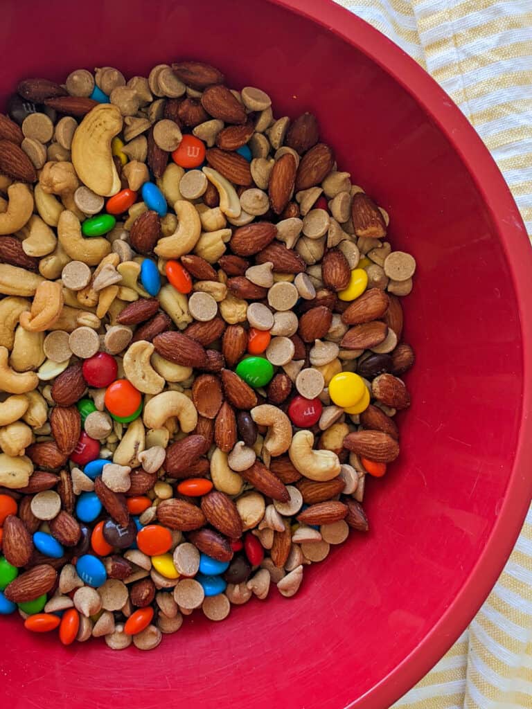 A bowl of mixed nuts, M&M's, and peanut butter chips for trail mix