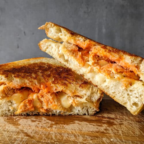 A sourdough buffalo chicken grilled cheese sandwich