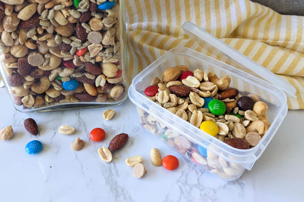 Sweet and salty trail mix in a to go container