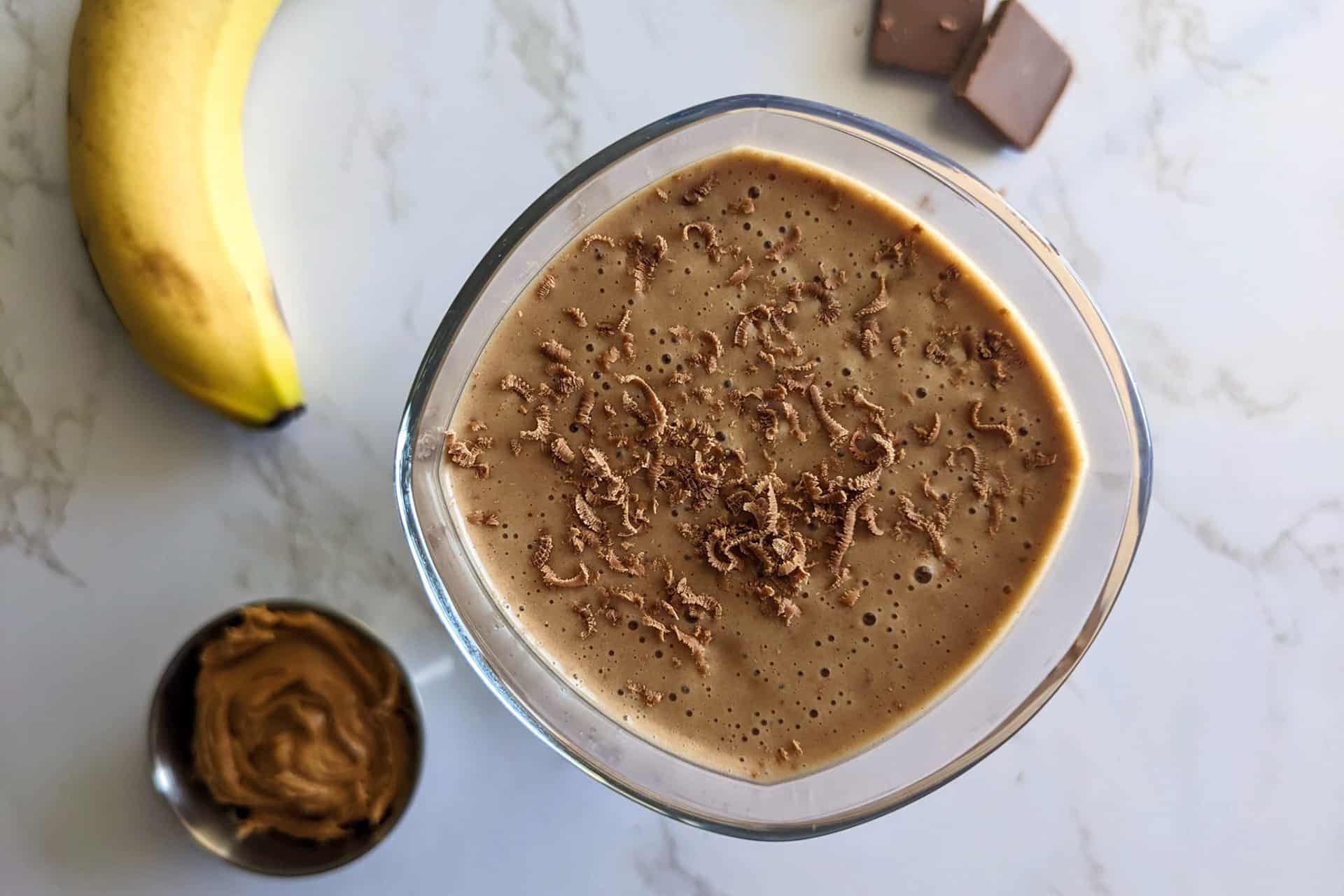 A peanut butter chocolate banana protein shake