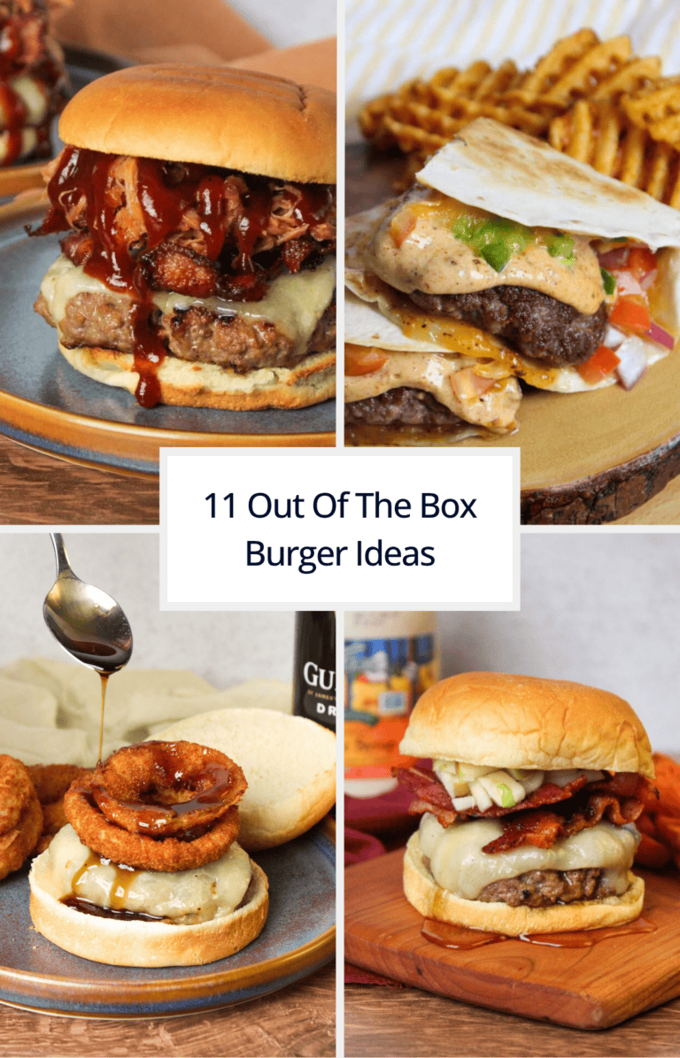 11 out of the box burger ideas roundup title image. Showing a BBQ pork burger, quesadilla burger, Vermont burger, and Guinness burger.