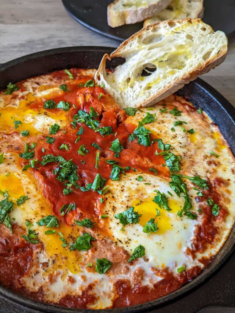 Shakshuka for two served with toasted bread