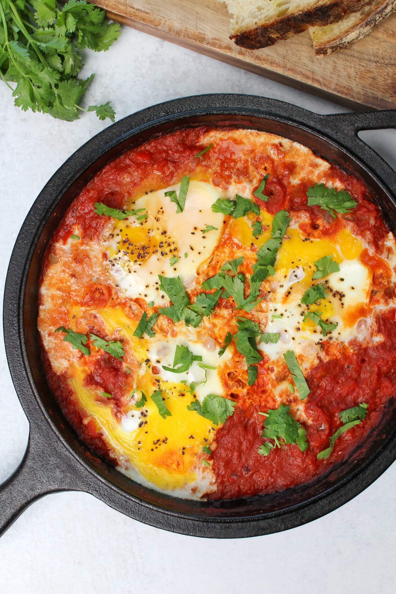 Small batch shakshuka in a cast iron skillet.