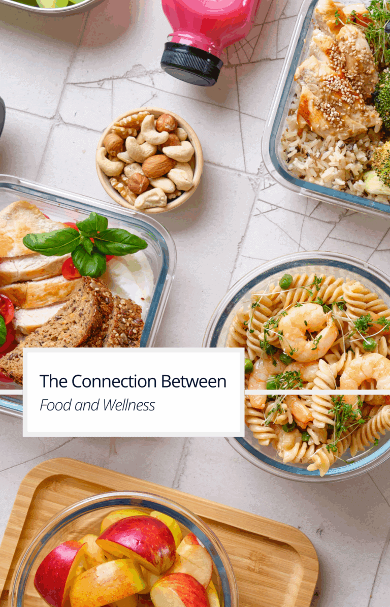 Cover photo for the connection between food and wellness showing a collection of healthy foods prepped in bowls.
