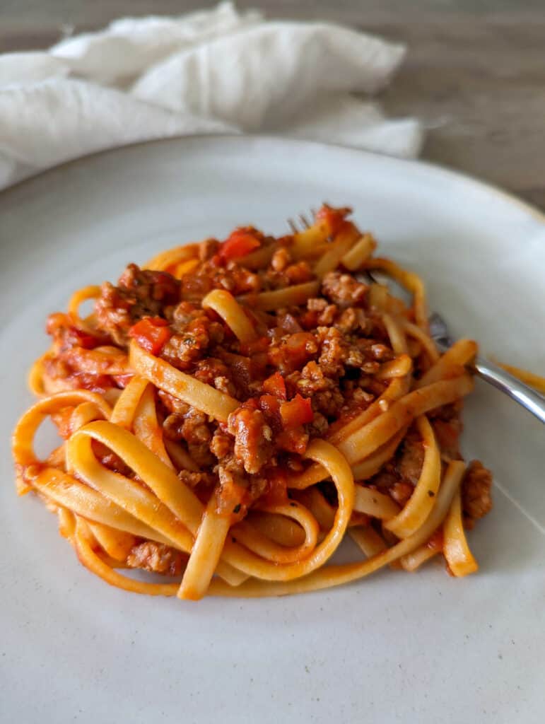 Spicy Italian sausage and pepper pasta made with fettuccine