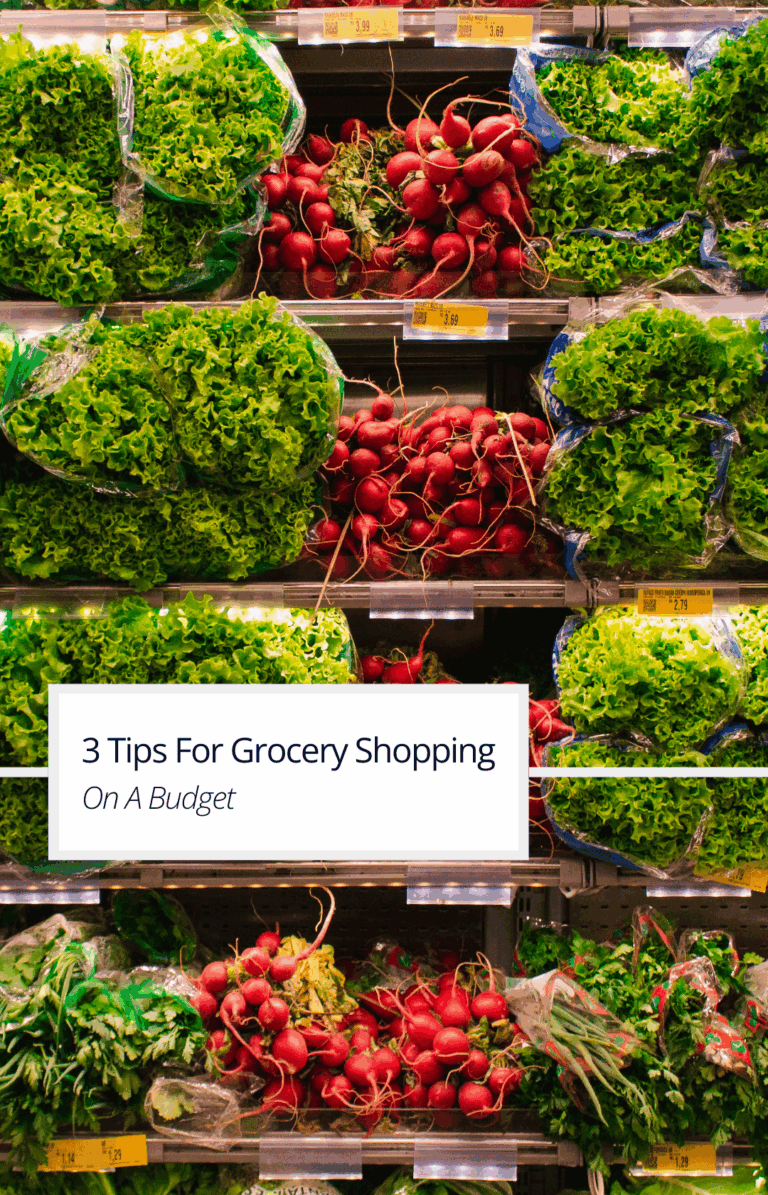 Cover image for grocery shopping on a budget showing produce on a shelf in the store.