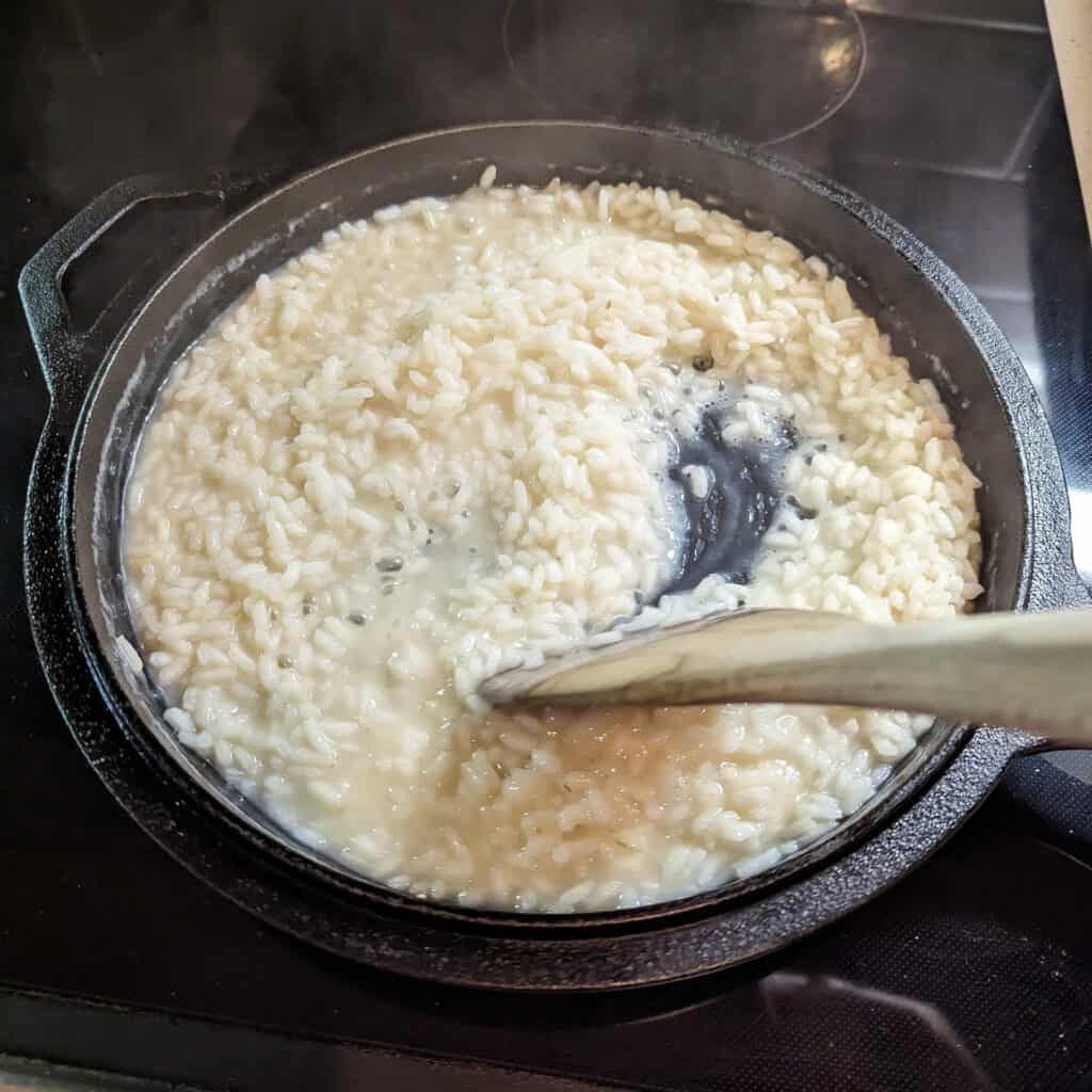 Creamy Italian risotto that's been cooking in chicken broth