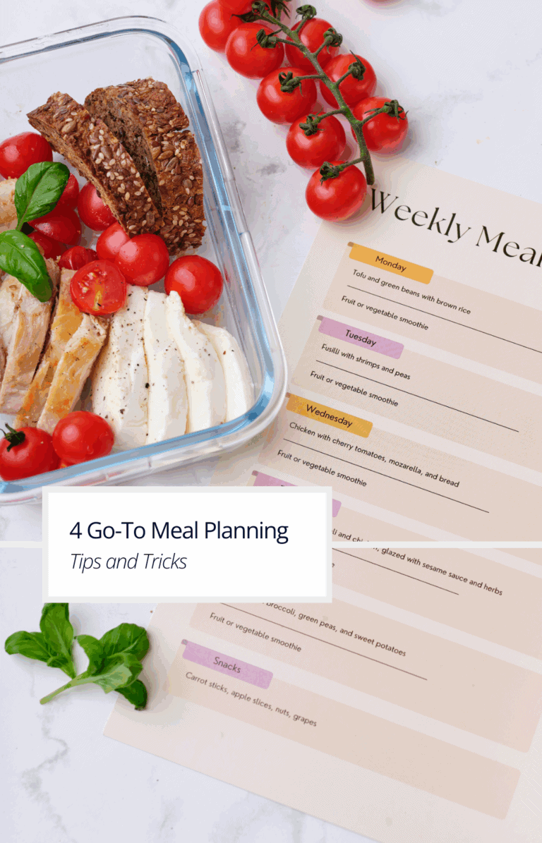 a cover photo for meal planning tips and tricks showing a meal planner and a packed lunch container.