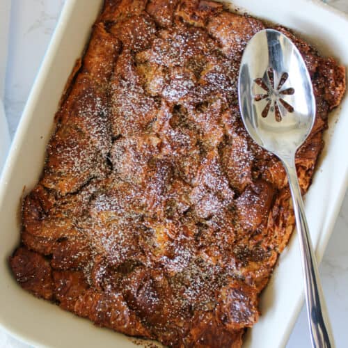 A homemade french toast casserole bake made with croissants