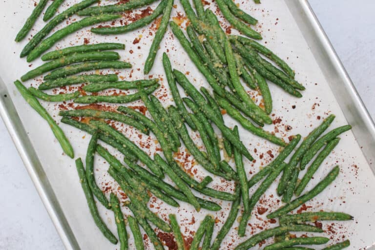 A sheet pan of parmesan green beans.