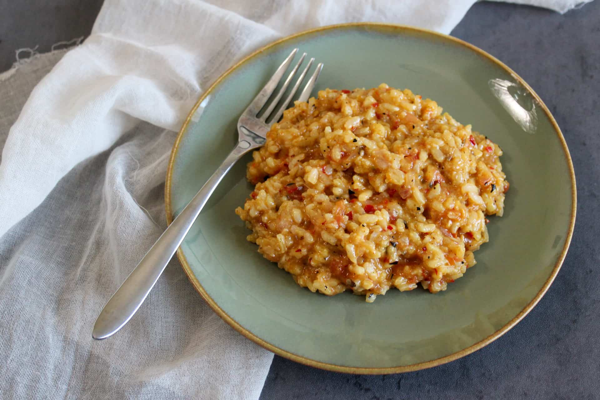 Spicy roasted vegetable risotto on a plate