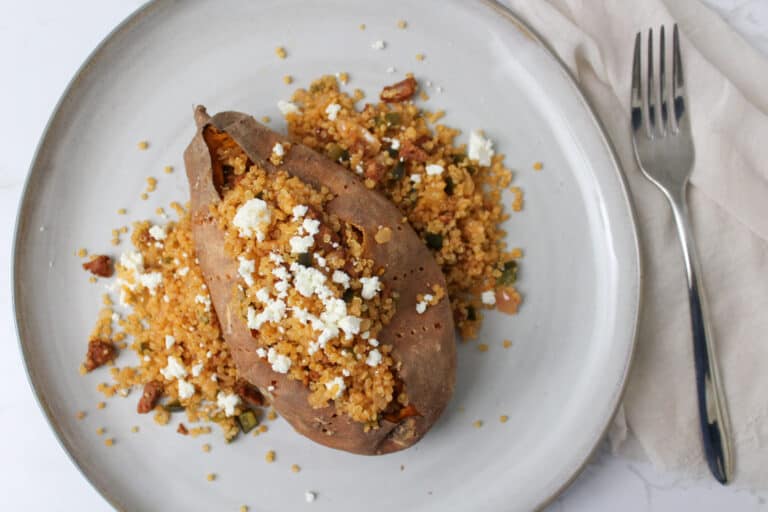 A chorizo quinoa stuffed sweet potato.