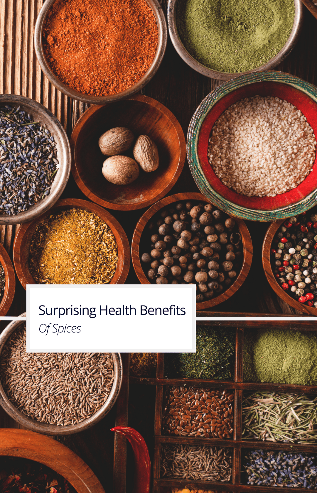 A cover photo for the health benefits of spices showing various spices in bowls.