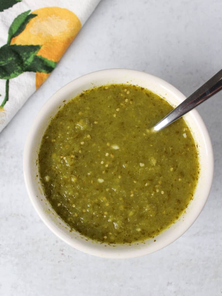 A bowl of Mexican salsa verde, or green sauce.