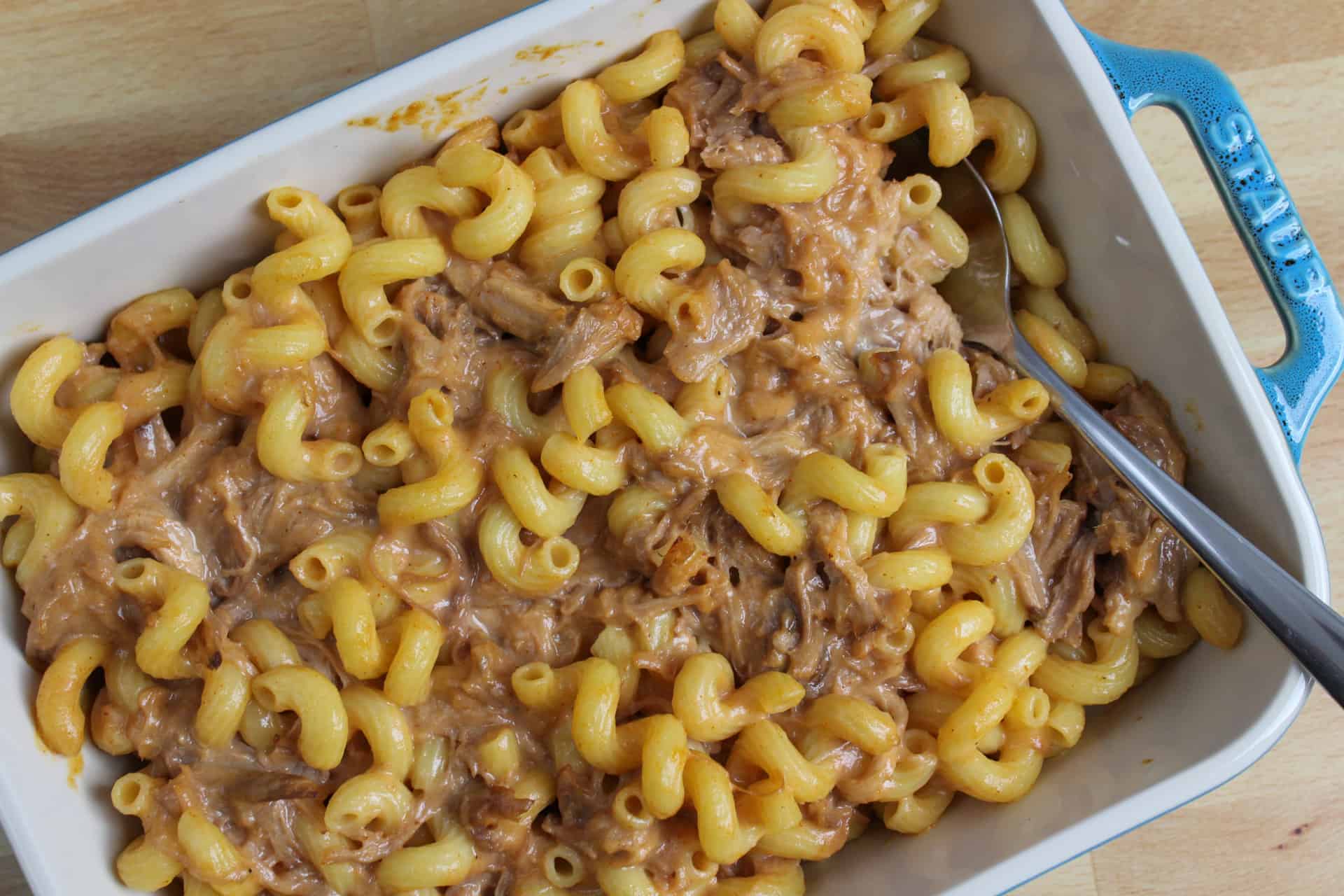 A batch of bbq pulled pork mac and cheese.