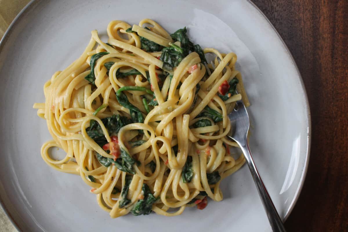 A creamy roasted red pepper and spinach pasta.