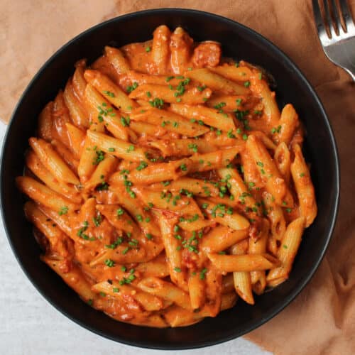 A bowl of gochujang pasta.