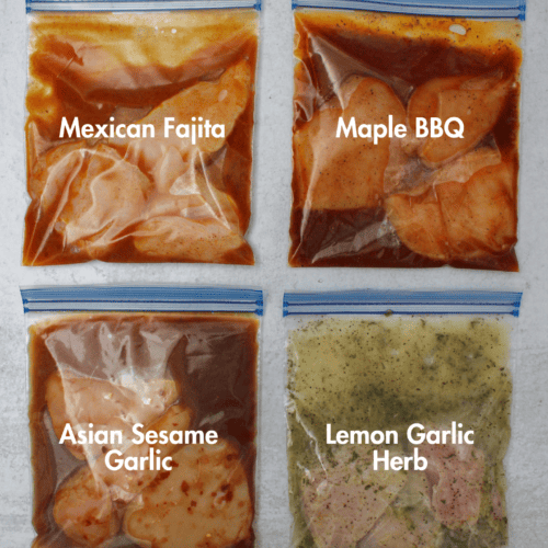 4 freezer chicken marinades: Mexican fajita, maple barbecue, Asian sesame garlic, and lemon garlic herb.