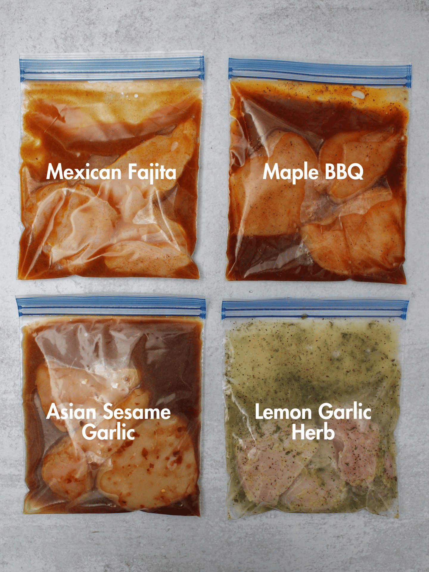 4 freezer chicken marinades: Mexican fajita, maple barbecue, Asian sesame garlic, and lemon garlic herb.