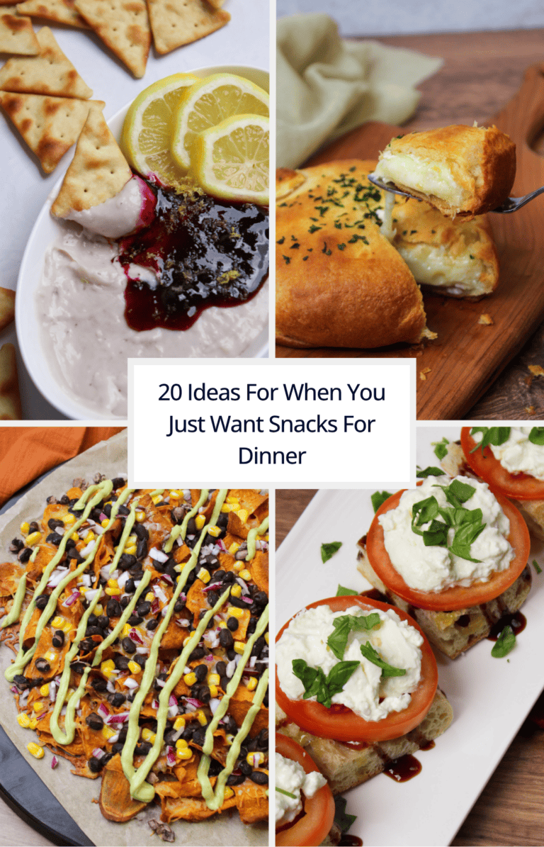 A roundup image for 20 ideas for snacks for dinner showing sweet potato nachos, whipped brie dip, burrata toast, and baked brie en croute.