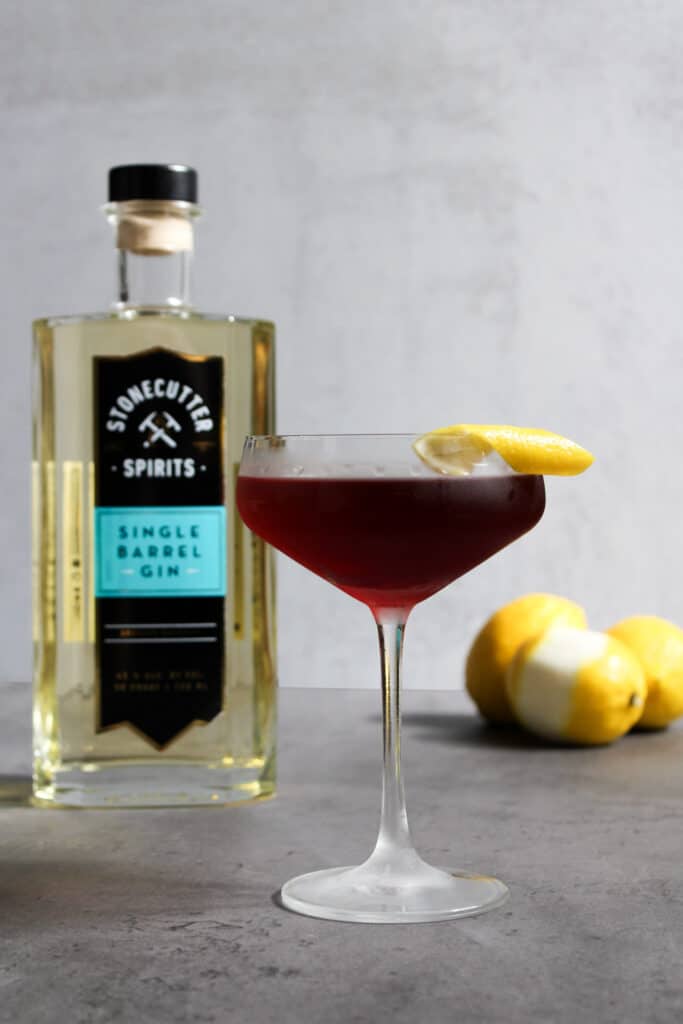 A martinez cocktail riff made with gin, blueberry liqueur, and lemon.
