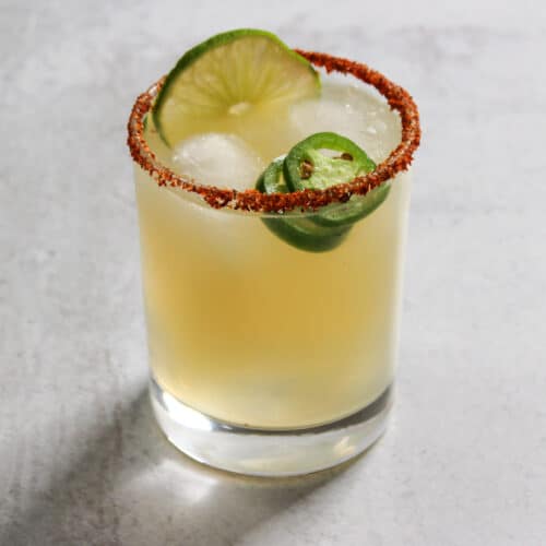 A mezcal margarita with a spicy Tajin rim.