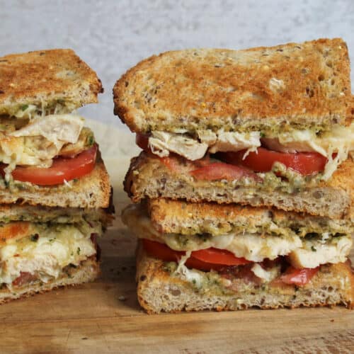 Pesto chicken caprese sandwiches.