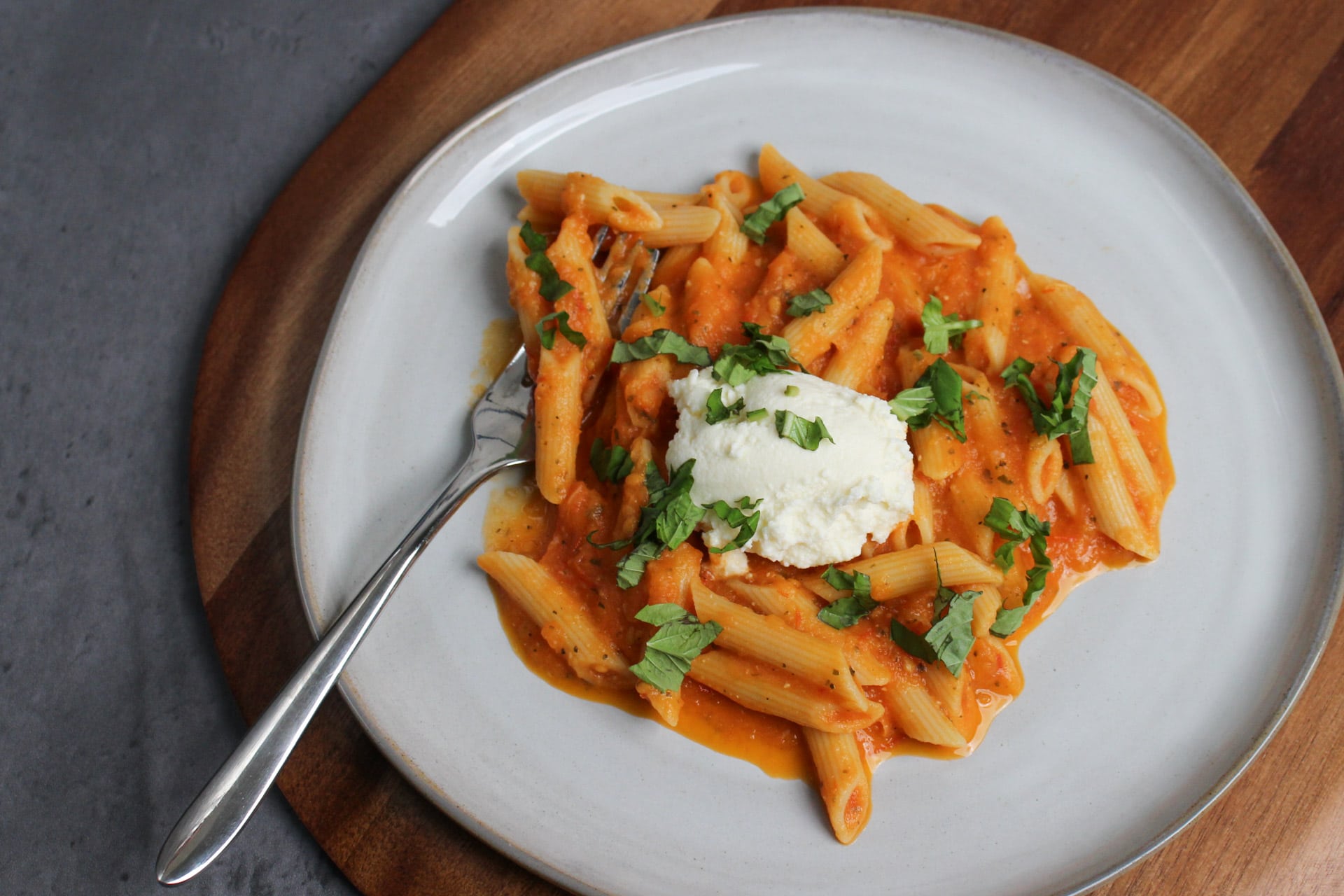 Roasted tomato garlic and ricotta pasta.