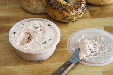 Jalapeno salsa cream cheese and bagels.