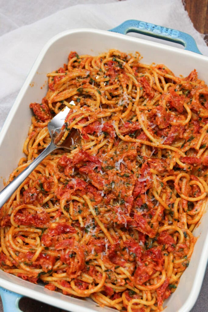 Sun dried tomato basil spaghetti bake.