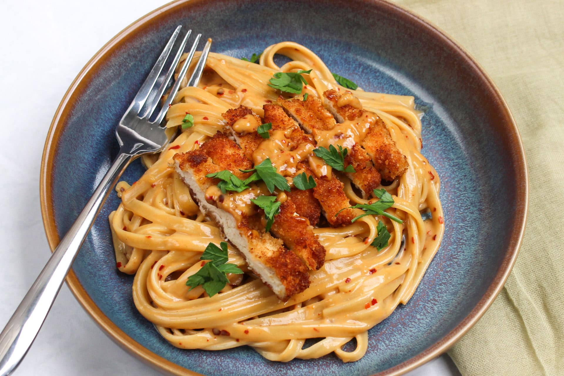 Cashew pasta with crispy chicken.