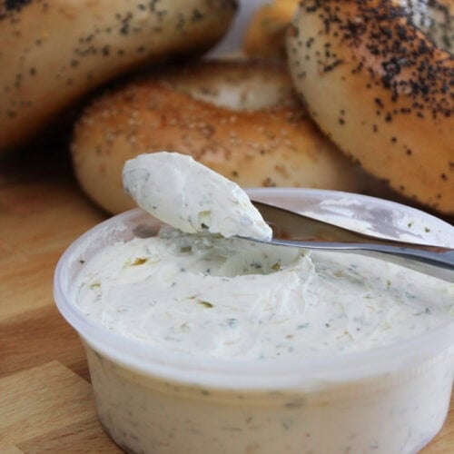 A homemade flavored cream cheese and bagels.