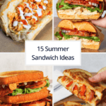 15 summer sandwich ideas cover photo showing a buffalo chicken cheesesteak, chipotle chicken melt, grilled chicken bagel sandwich, and a BLT club.