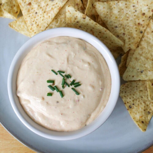 Cottage cheese queso dip and tortilla chips.