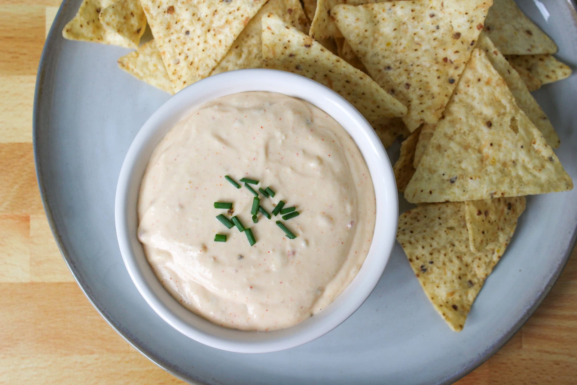 Cottage cheese queso dip and tortilla chips.