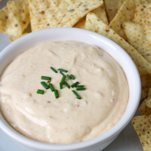 A bowl of cottage cheese queso.