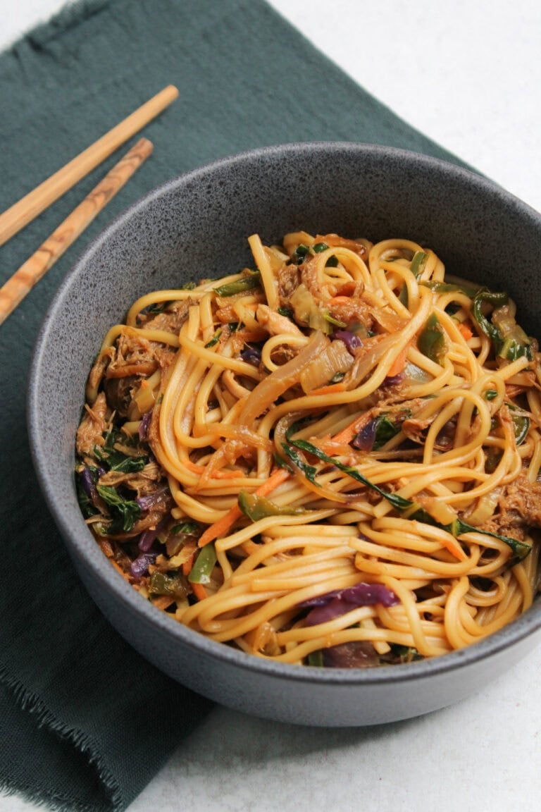 A pork stir fry with lo mein noodles.