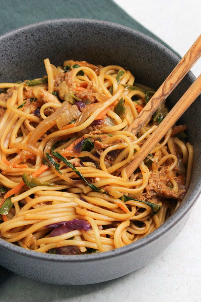 Noodle stir fry with pork and vegetables.