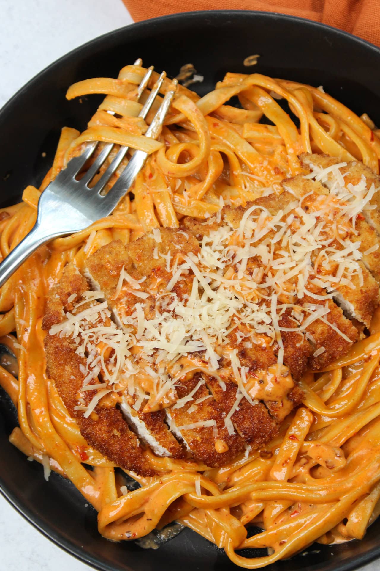 Chipotle pasta with crispy chicken.