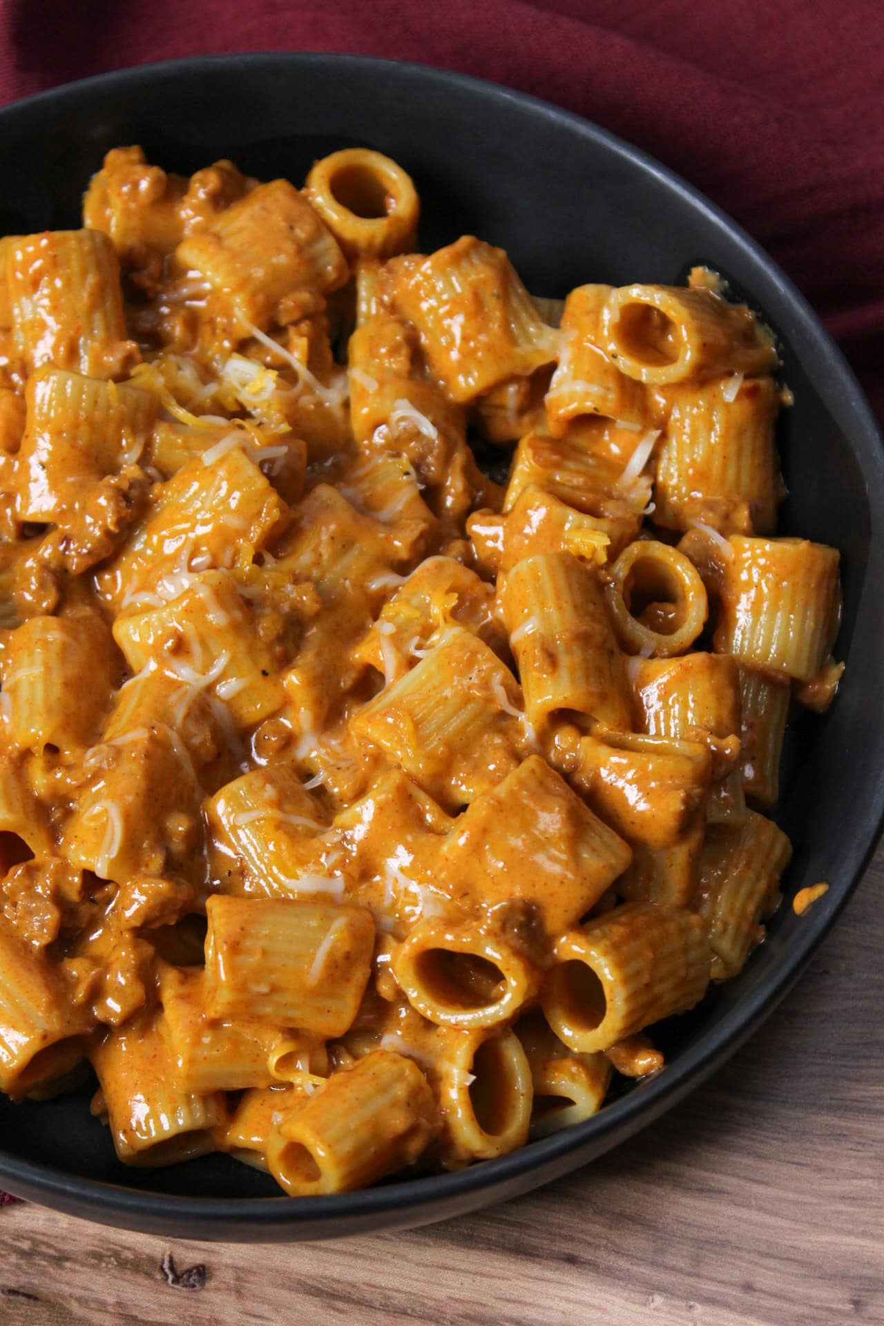 A saucy, cheesy, Mexican chorizo pasta made with rigatoni